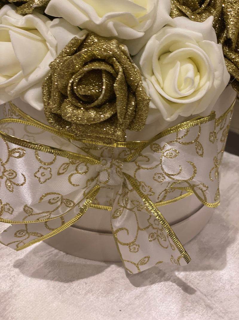 Cream Hat Box with Cream & Gold Glitter Roses