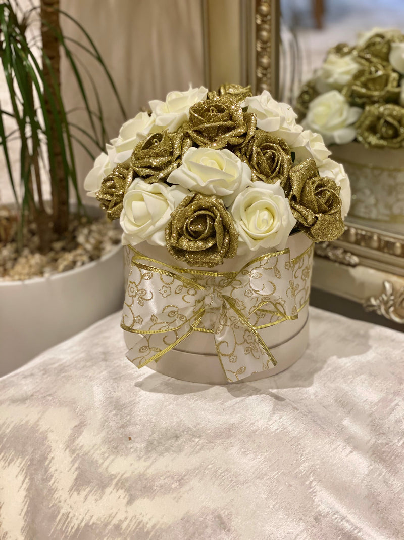 Cream Hat Box with Cream & Gold Glitter Roses