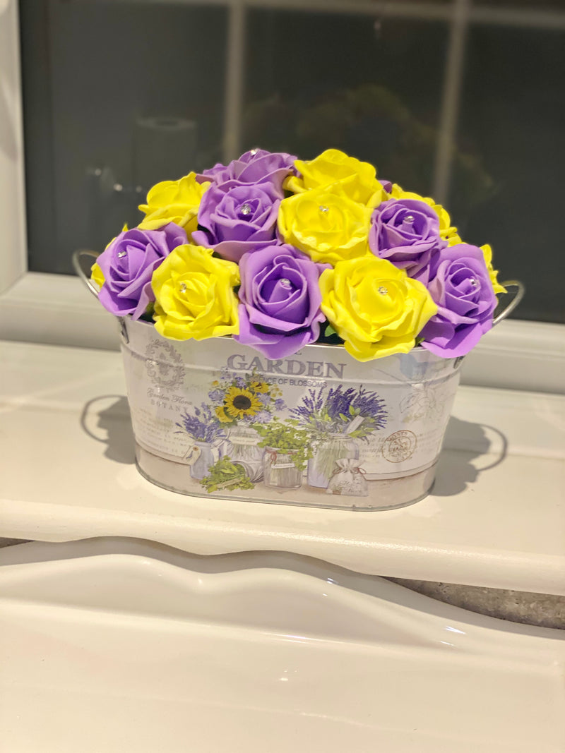 Garden Planter Arrangement with Lilac & Yellow Roses