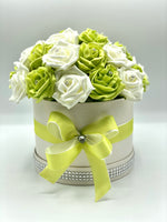 Cream Hat Box with Lime Green & Cream Roses