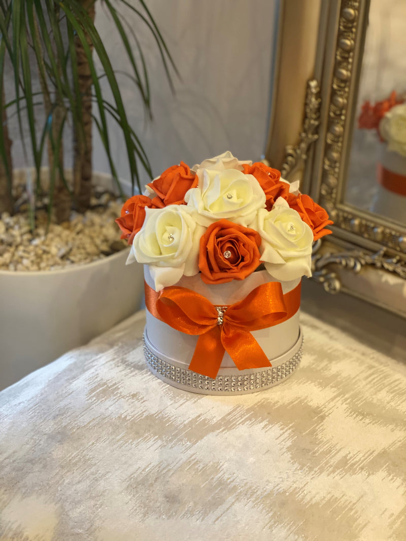Cream Hat Box with Orange & Cream Roses