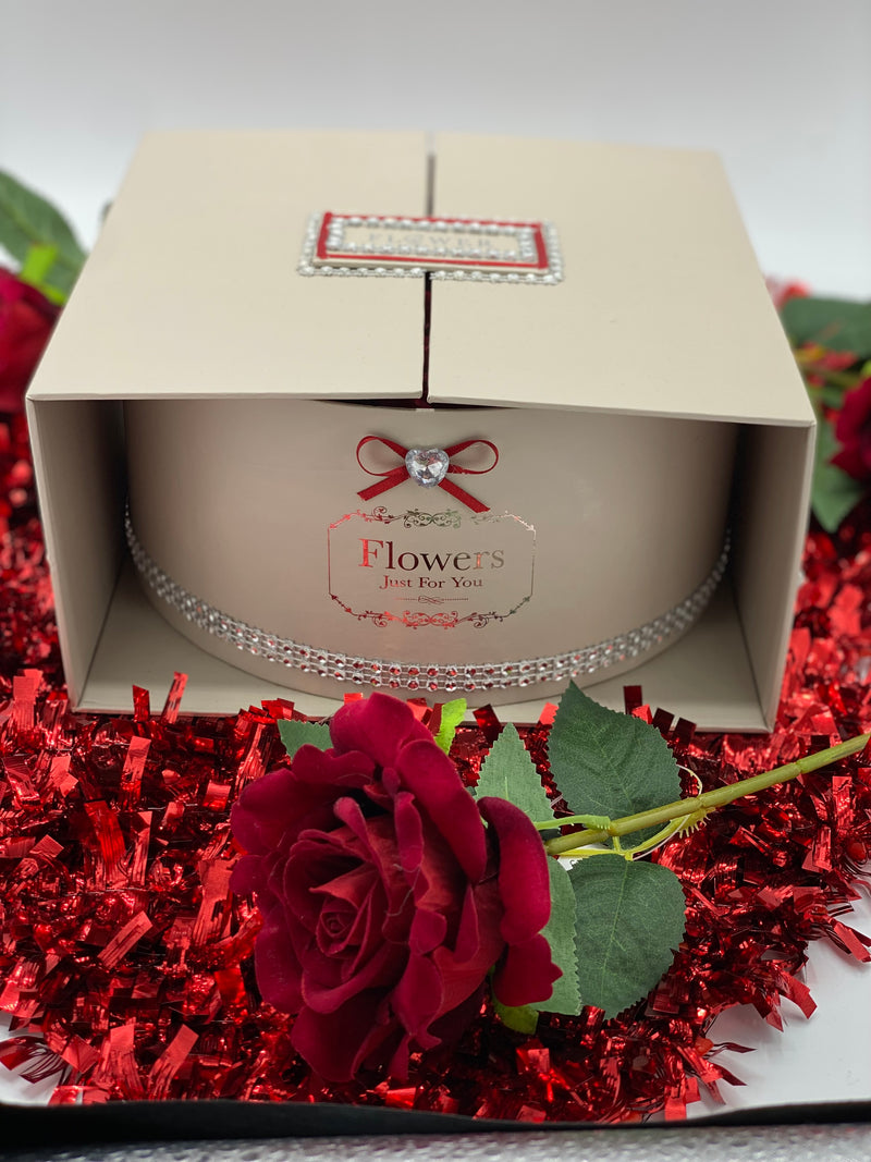 Cream Round Surprise Gift Hat Box with Red Roses