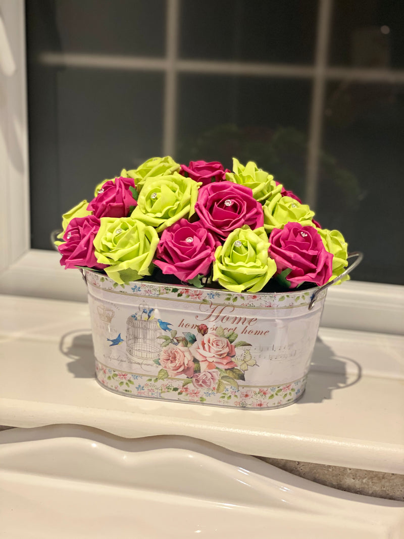 Home Planter Arrangement in Hot Pink & Lime Green Roses