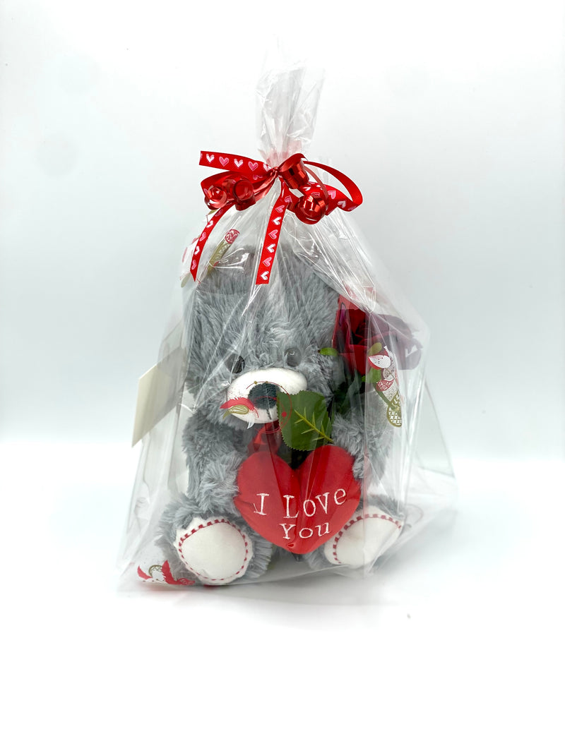 Grey Soft Toy Gift Wrapped with Red Rose