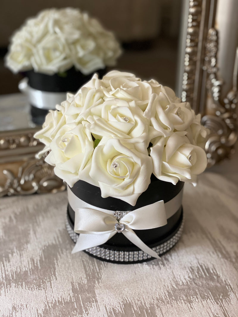 Black Hat Box with Cream Roses