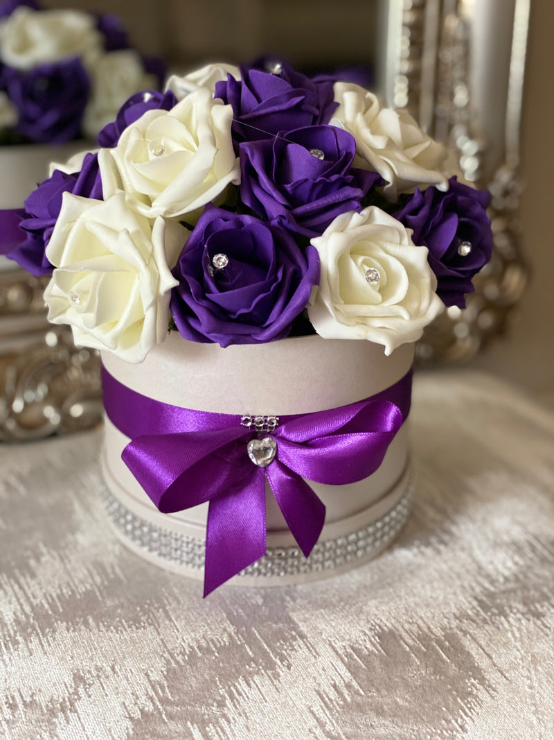 Cream Hat Box with Purple & Cream Roses