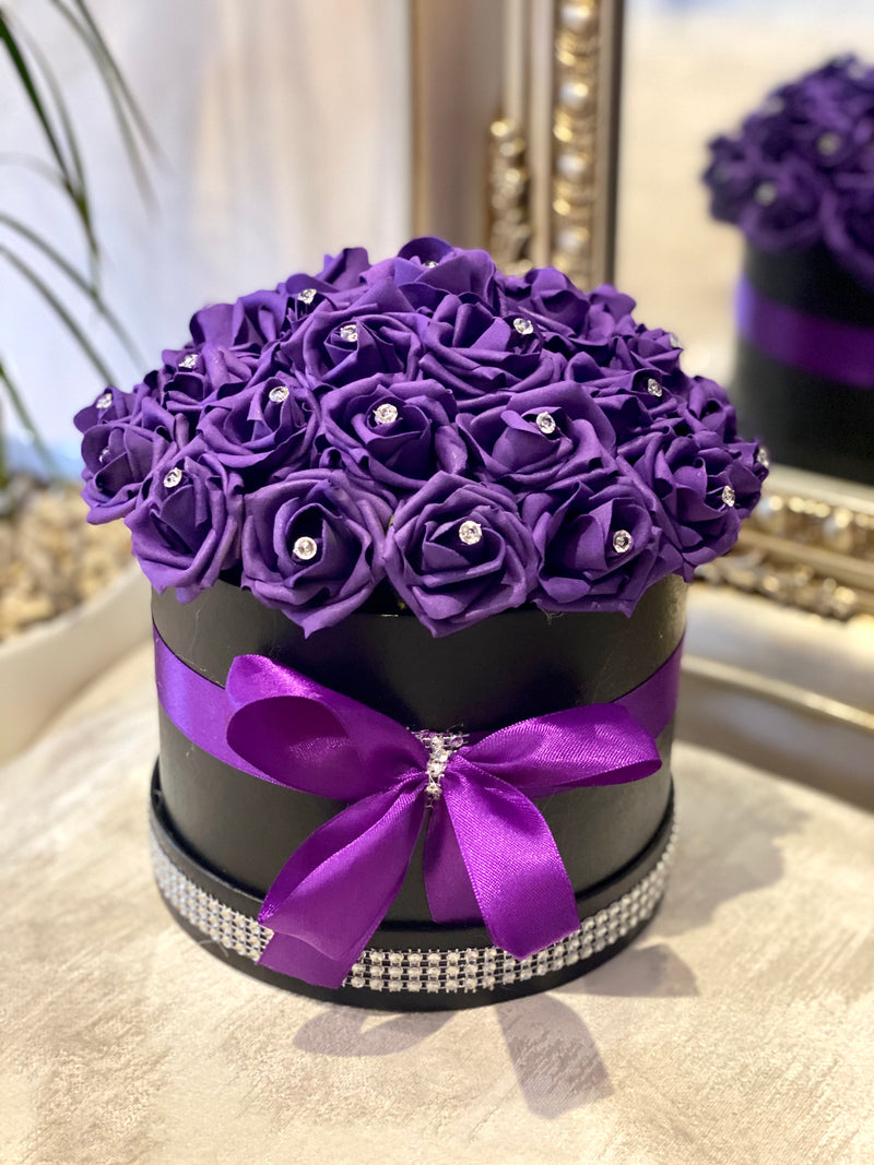 Black Hat Box with Purple Roses