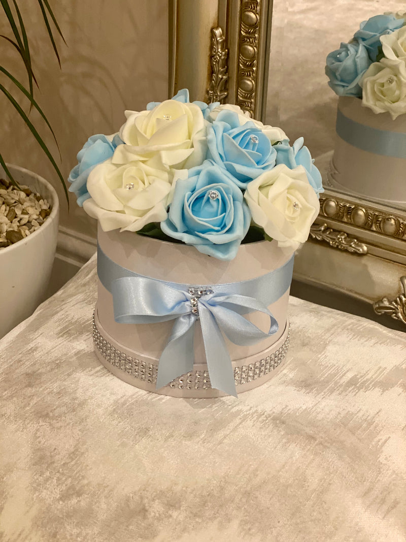 Cream Hat Box with Blue & Cream Roses