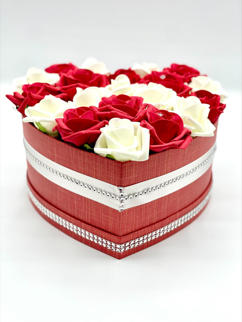 Red Heart Hat Box with Cream & Red Roses