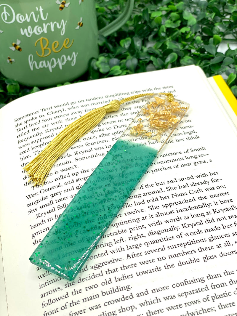 Resin Bookmark Green Glitter with Gold Flake Top