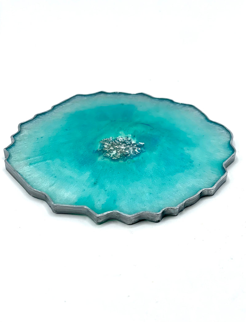 Mint Green  Resin Coasters with Silver Flakes and Edging