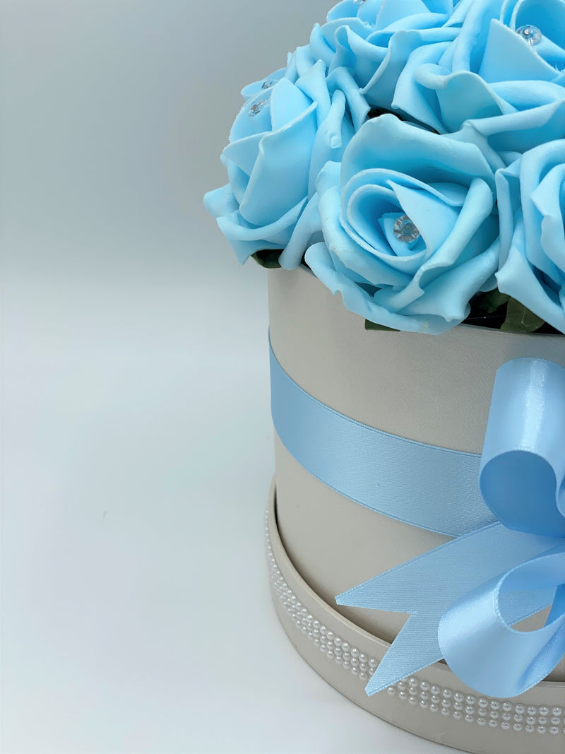 Cream Hat Box with Baby Blue Roses