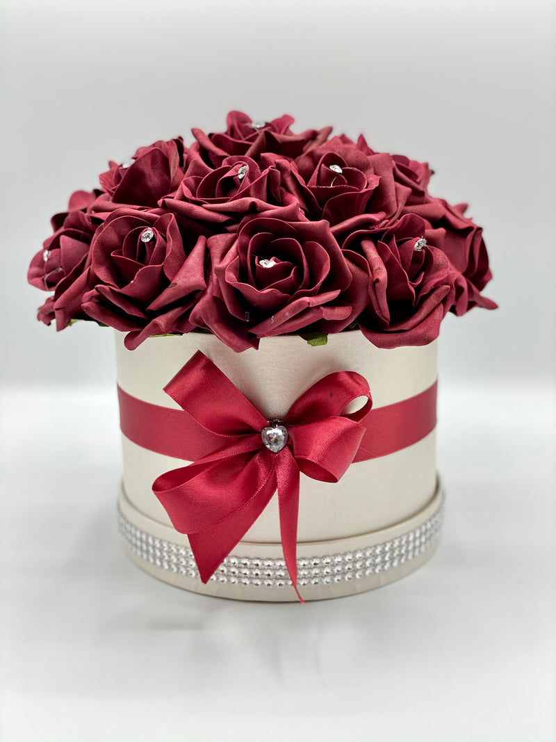 Cream Hat Box with Burgundy Roses