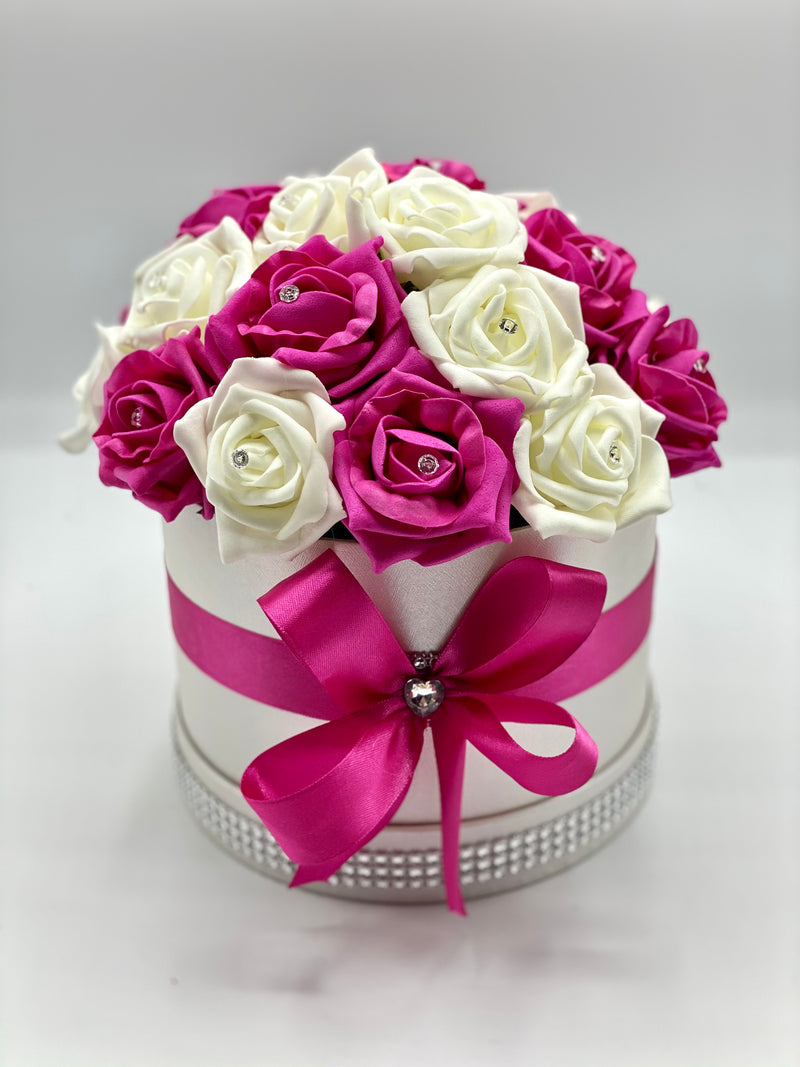 Cream Hat Box with Hot Pink & Cream Roses