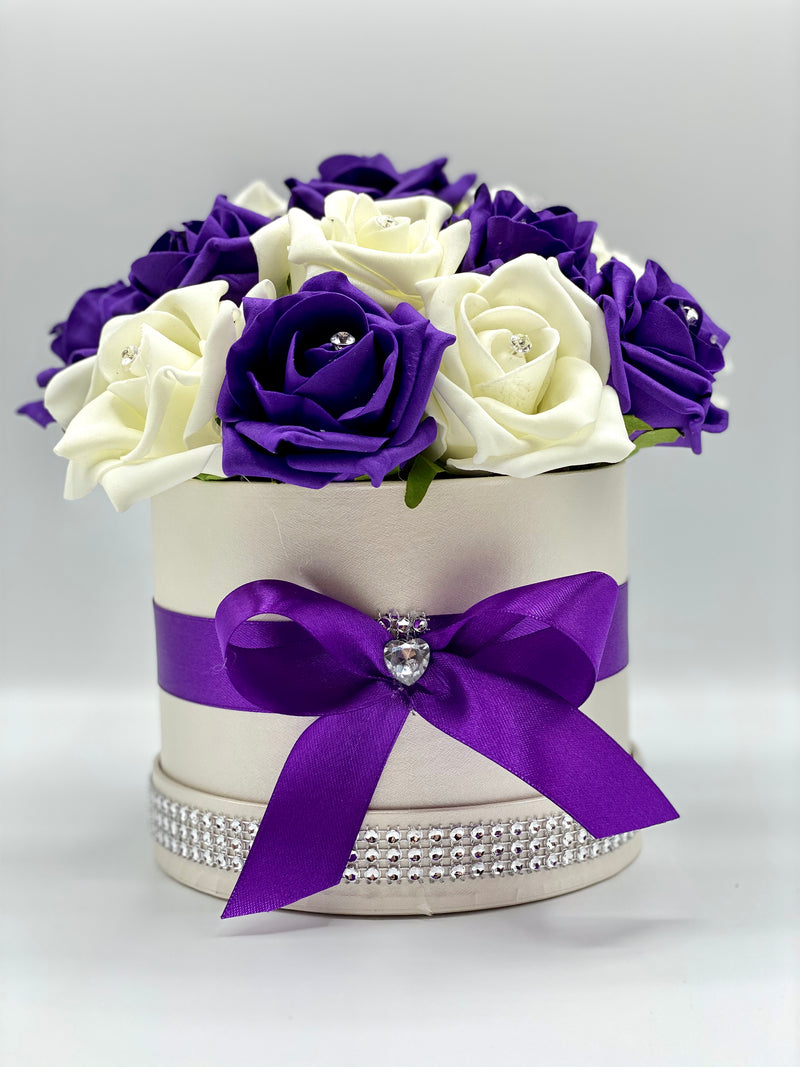 Cream Hat Box with Purple & Cream Roses
