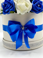 Cream Hat Box with Royal Blue & Cream Roses