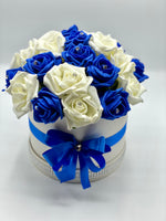 Cream Hat Box with Royal Blue & Cream Roses