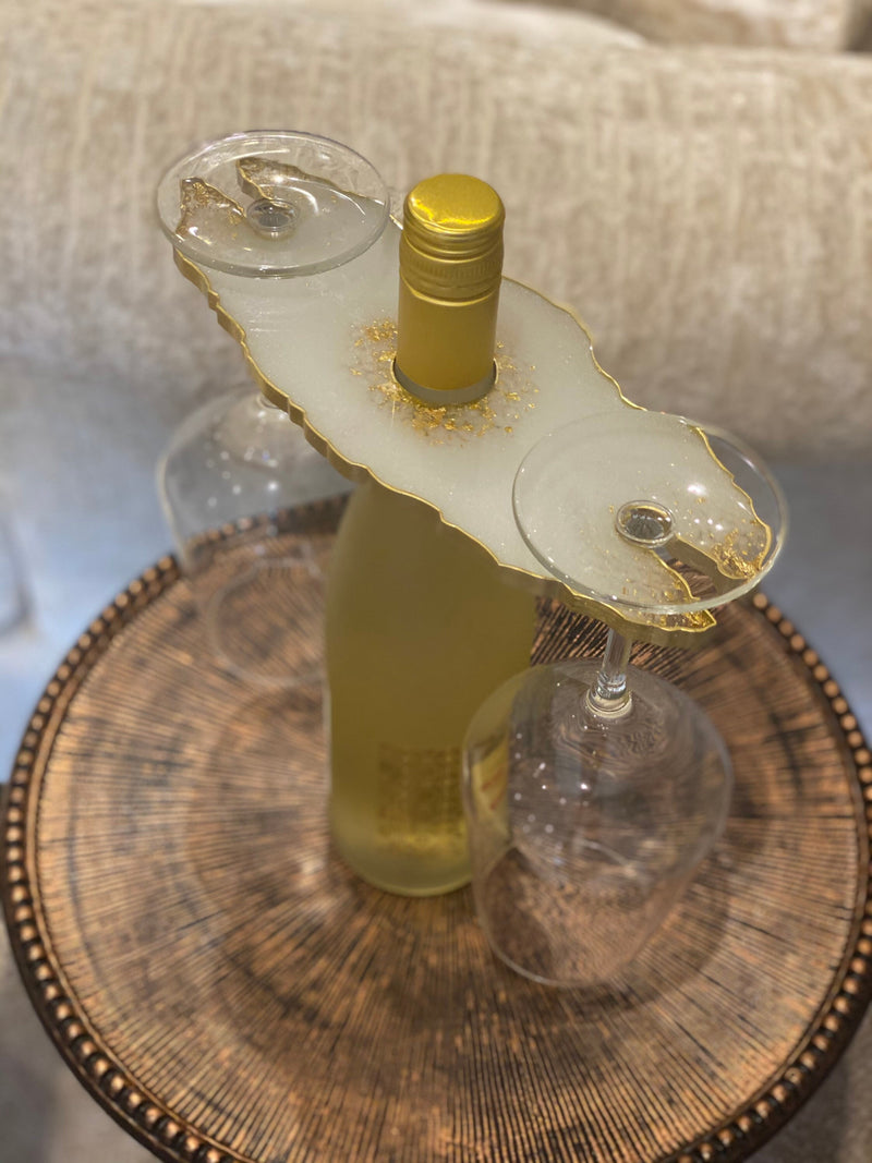White Resin Wine Butler with Gold Flakes and Edging