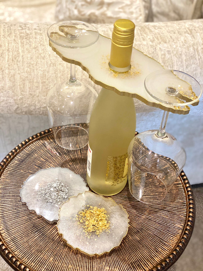 White Resin Wine Butler with Gold Flakes and Edging