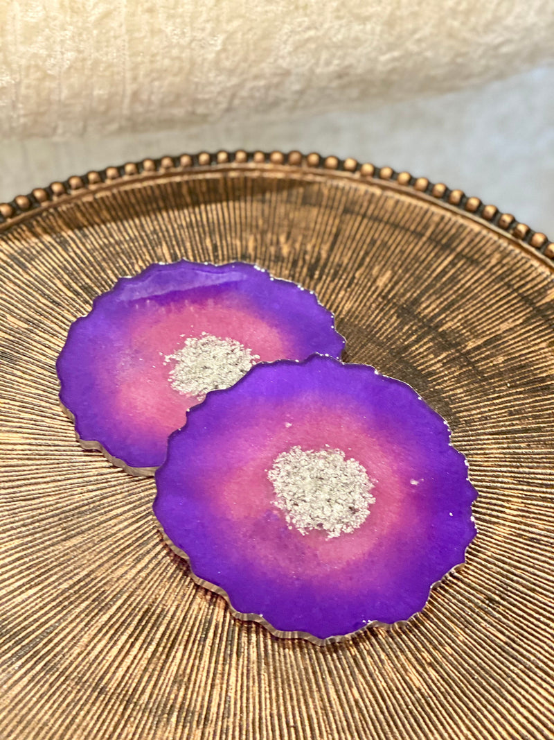 Purple Resin Coasters with Silver Flakes and Edging