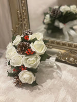 Wedding Winter Collection - Bridal Posy Bouquet with Red Holly, Cream Roses & Cones