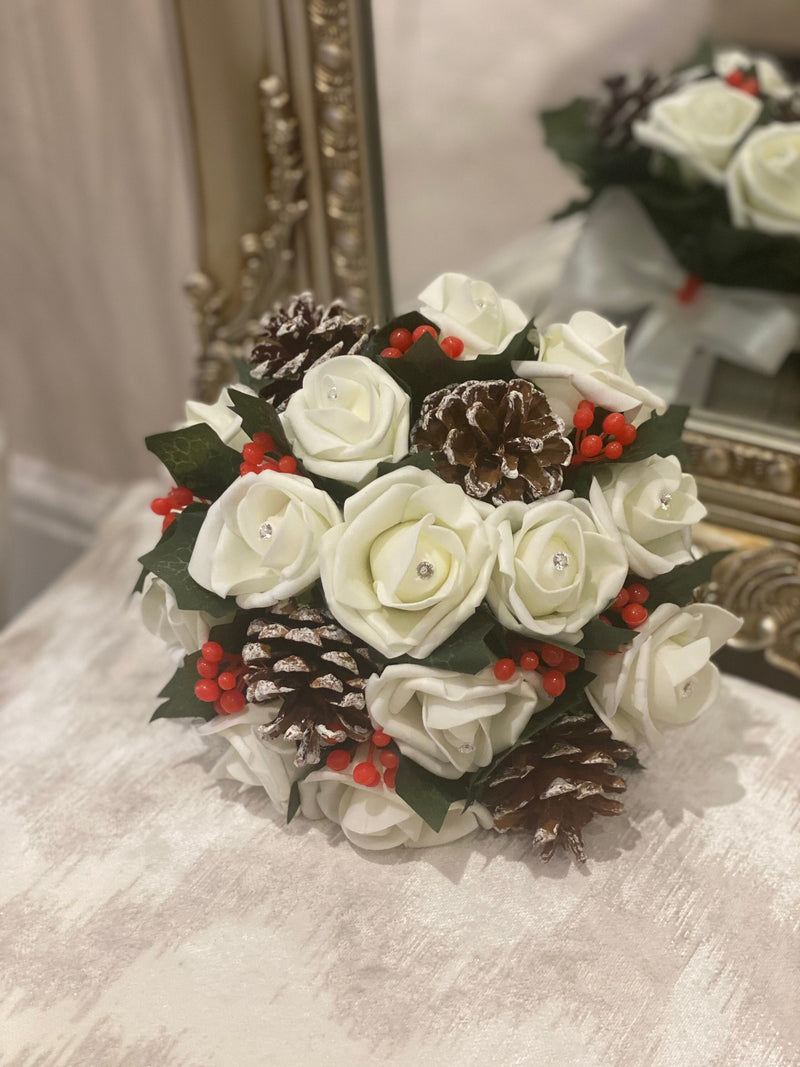 Wedding Winter Collection - Bridal Posy Bouquet with Red Holly, Cream Roses & Cones