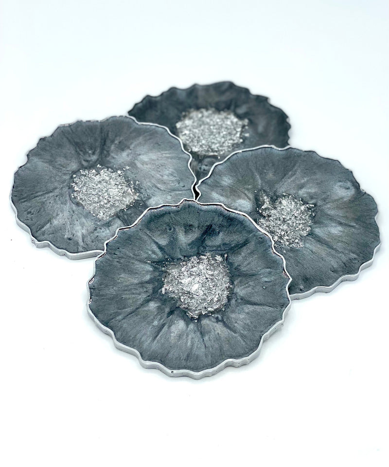 Grey Resin Coasters with Silver Flakes and Edging