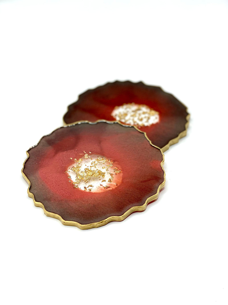 Red Resin Coasters with Gold Flakes and Edging