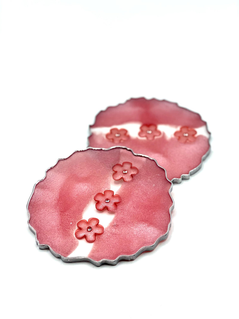 Pink Flower Resin Coasters and Silver Edging