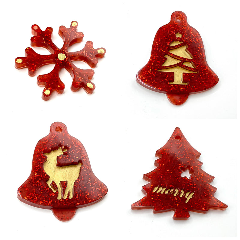 Resin Christmas Tree decorations in Red & Gold ~ Bell  Tree Snowflake