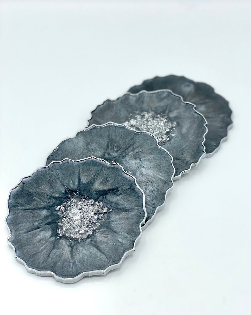 Grey Resin Coasters with Silver Flakes and Edging