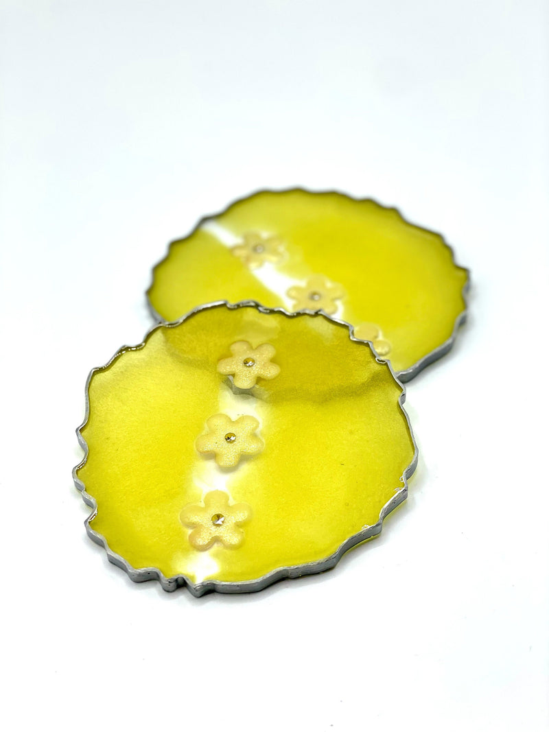Yellow Flower Resin Coasters and Silver Edging