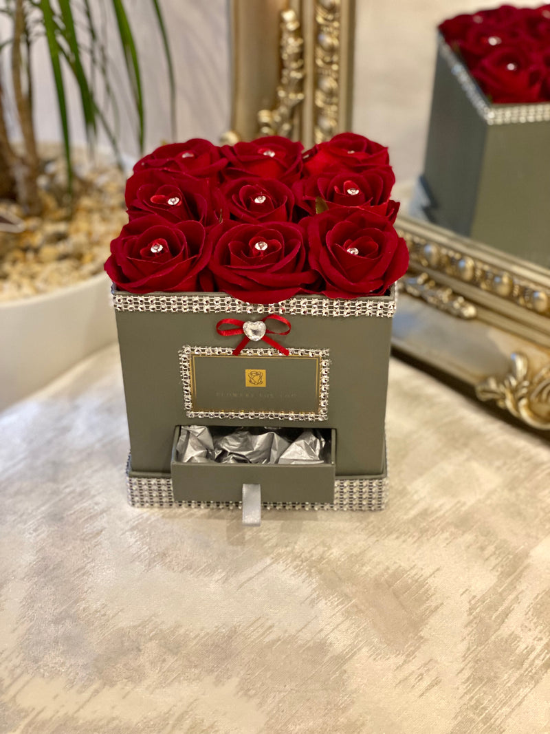 Grey Square Secret Gift Hat Box with Red Roses