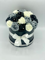 Black Hat Box with Cream, Black & Grey Roses