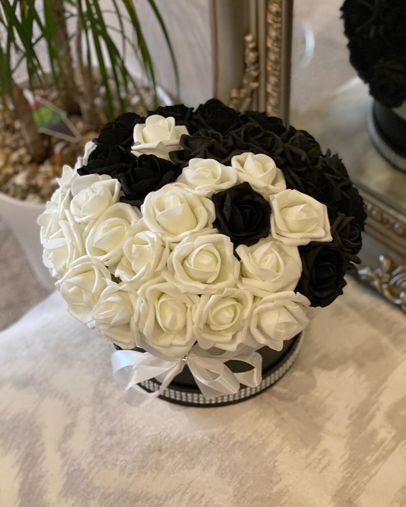 Black Hat Box with Cream & Black Roses in Yin Yang