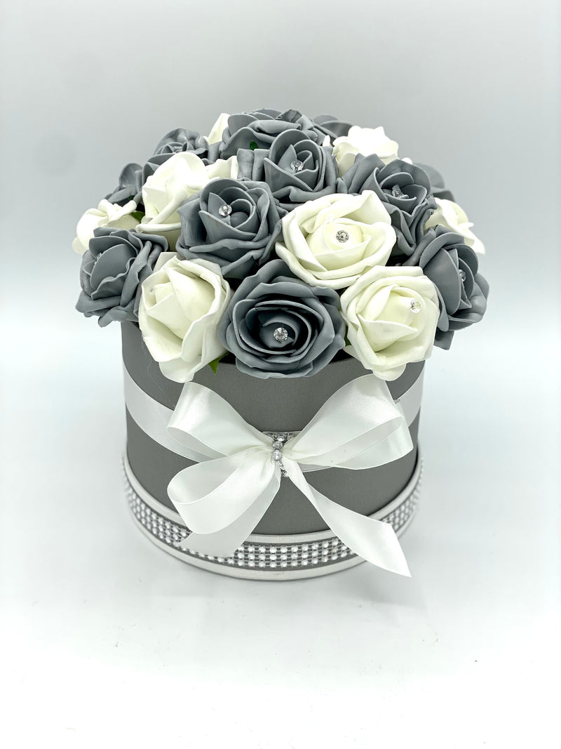 Grey Hat Box with Cream & Grey Roses