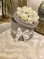 Velvet Grey Storage Hat Box with Cream Roses on Top