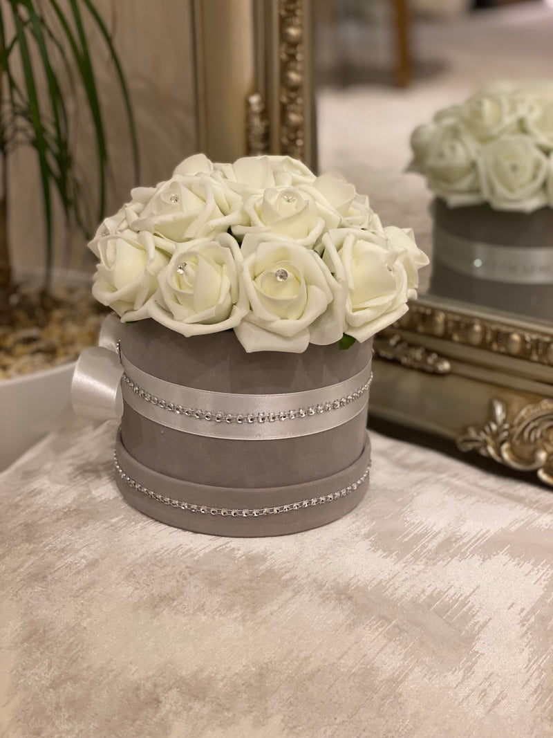 Velvet Grey Storage Hat Box with Cream Roses on Top – Lilli Rose