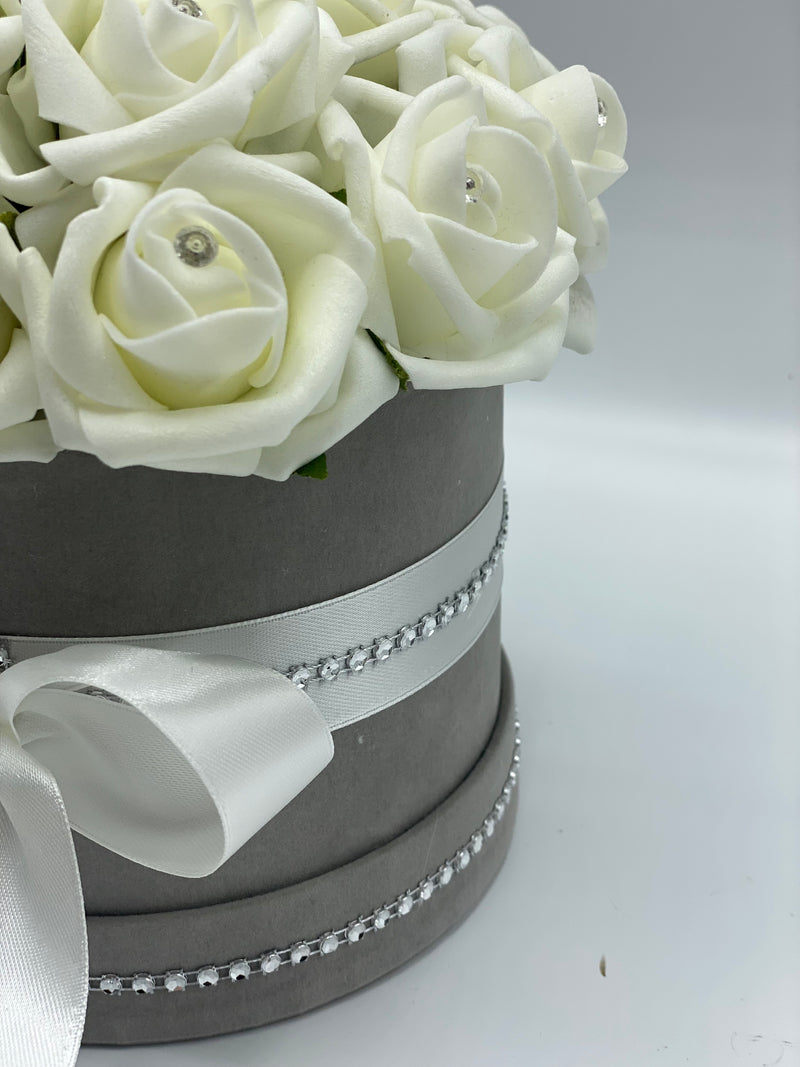 Velvet Grey Hat Box with Cream Roses
