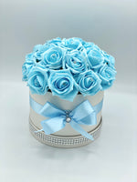 Cream Hat Box with Baby Blue Roses