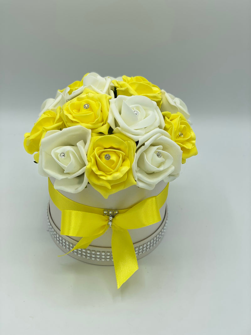 Cream Hat Box with Yellow & Cream Roses