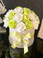 Cream Hat Box with Lime Green & Cream Roses