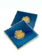 Set of 4 Navy Blue Resin Coasters with Gold Flakes and Edging