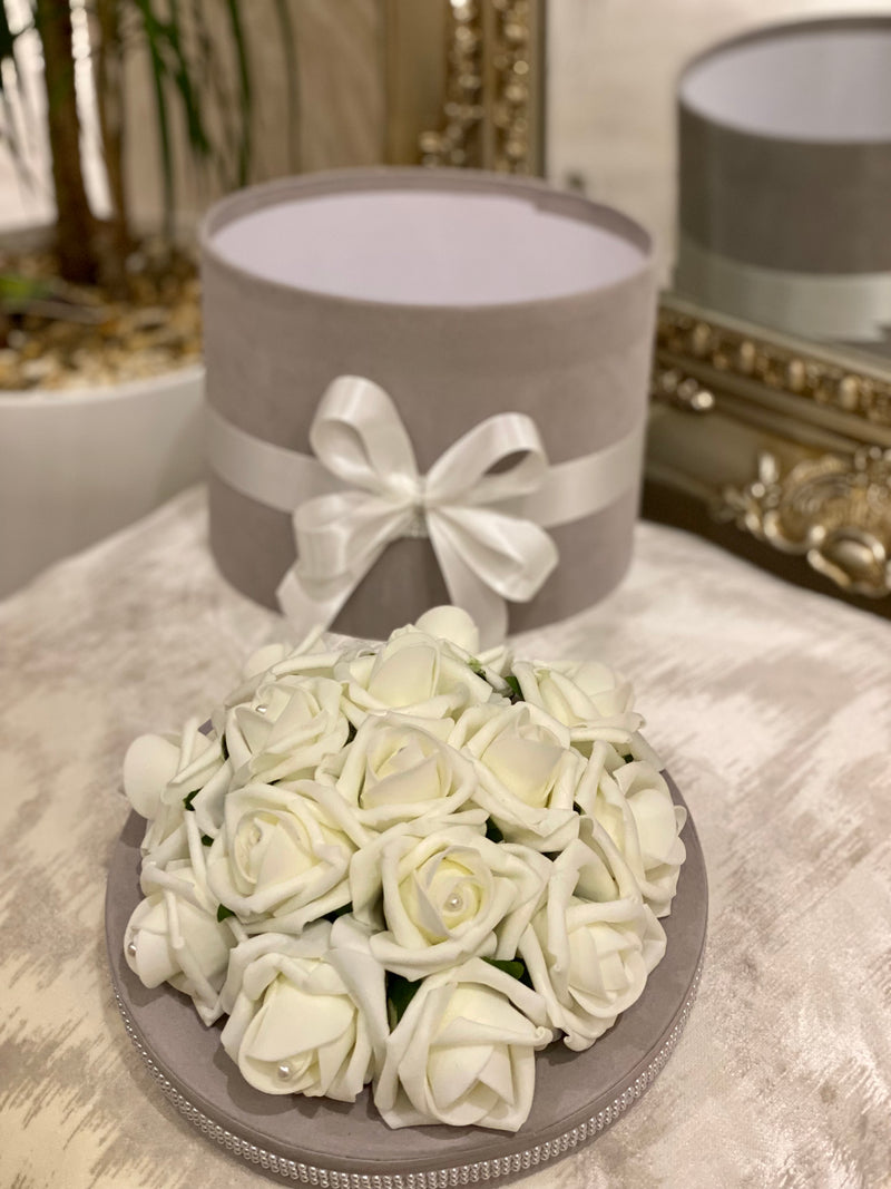 Velvet Grey Storage Hat Box with Cream Roses on Top