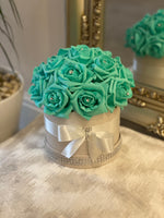 Cream Hat Box with Aquamarine Roses