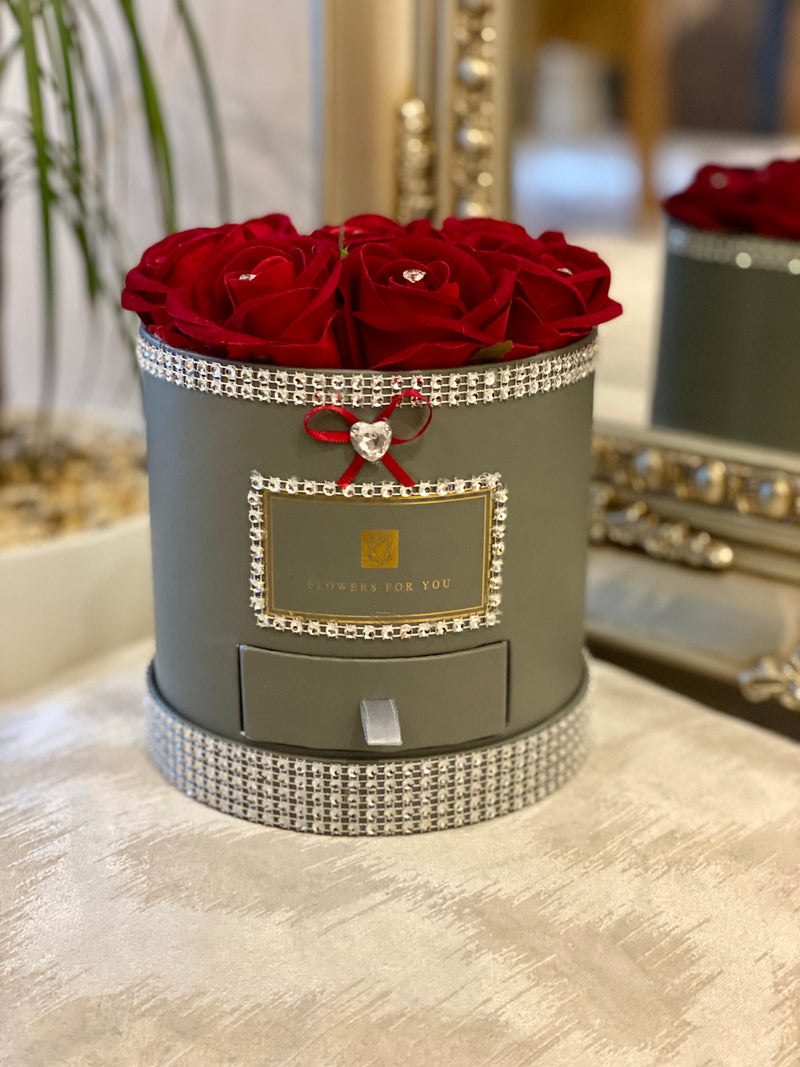Grey Round Secret Gift Hat Box with Red Roses