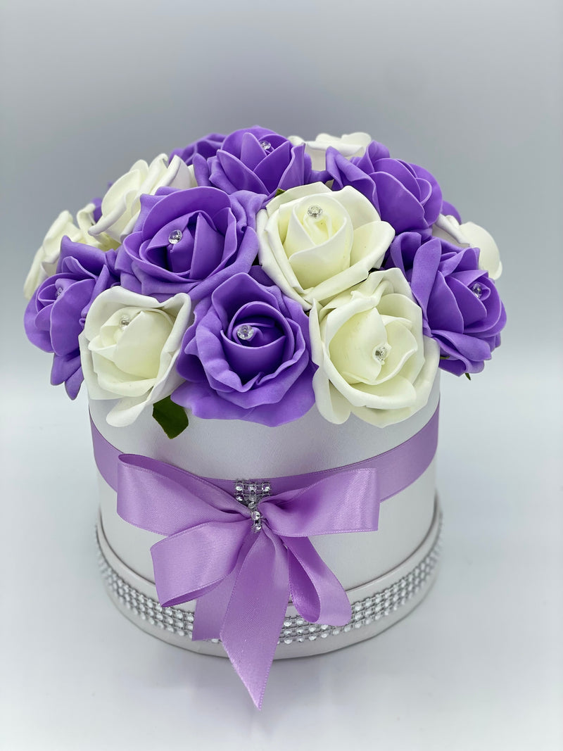 Cream Hat Box with Lilac & Cream Roses