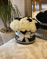 Black Hat Box with Cream & Black Roses in Yin Yang