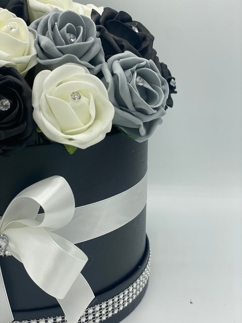 Black Hat Box with Cream, Black & Grey Roses
