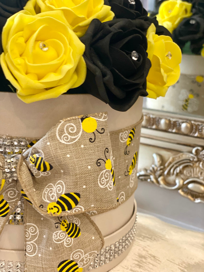 Bee Cream Hat Box with Yellow & Black Roses